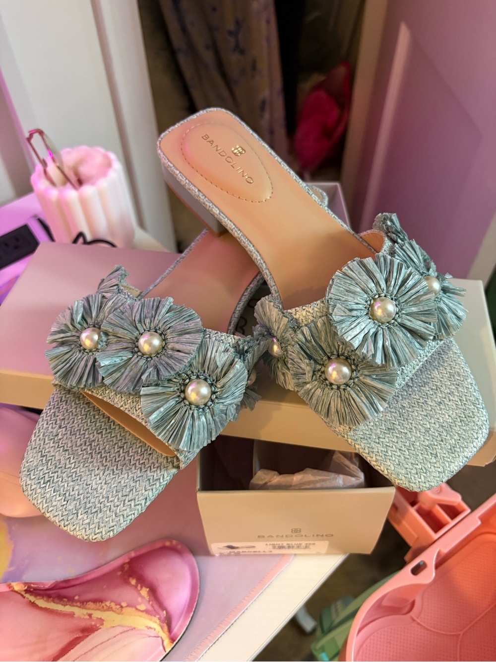 Bandolino Mint Raffia Flower Slide Sandals
